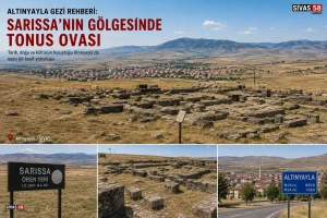 Sivas'ın Altınyayla ilçesinde yer alan Sarissa Antik Kenti ve Tonus Ovası'nın panoramik görünümü. Hitit uygarlığının önemli yerleşimlerinden biri olan Sarissa'nın tarihî kalıntıları ve çevresindeki doğal manzara.