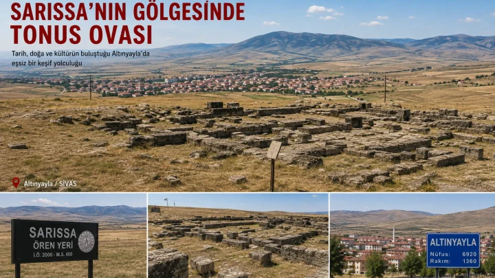 Sivas'ın Altınyayla ilçesinde yer alan Sarissa Antik Kenti ve Tonus Ovası'nın panoramik görünümü. Hitit uygarlığının önemli yerleşimlerinden biri olan Sarissa'nın tarihî kalıntıları ve çevresindeki doğal manzara.